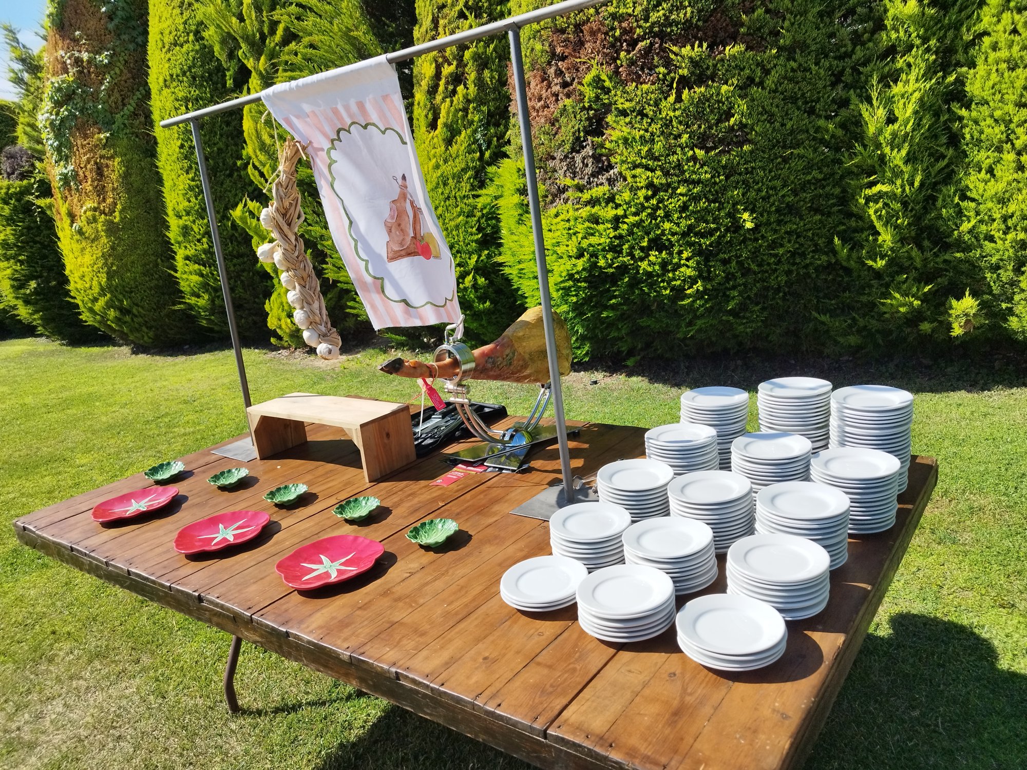 Mesa larga con platos de jamón en el jardín de una boda