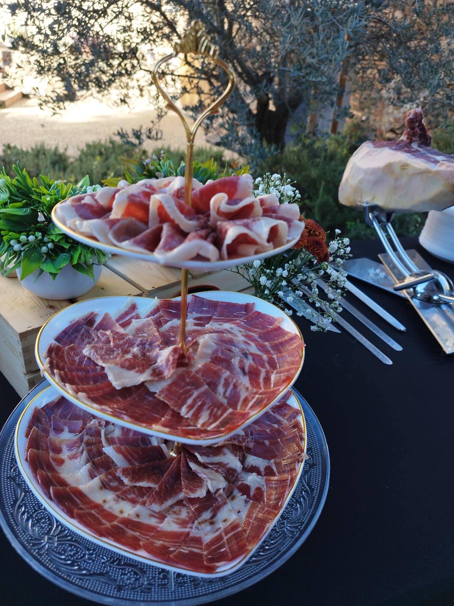 Platos de jamón ibérico en soporte de corazón en el jardín