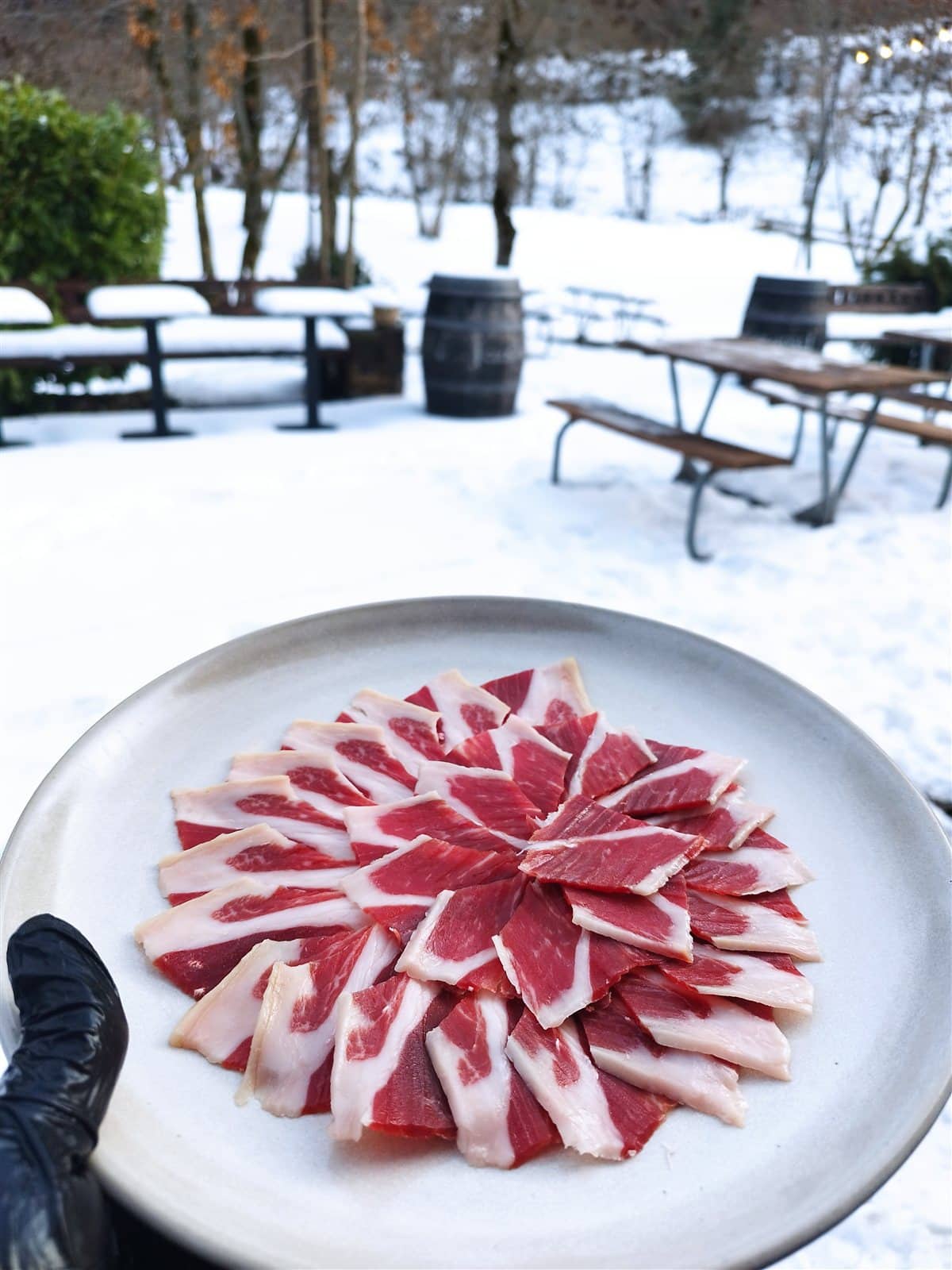 Plato de jamón ibérico en flor con terraza nevada al fondo